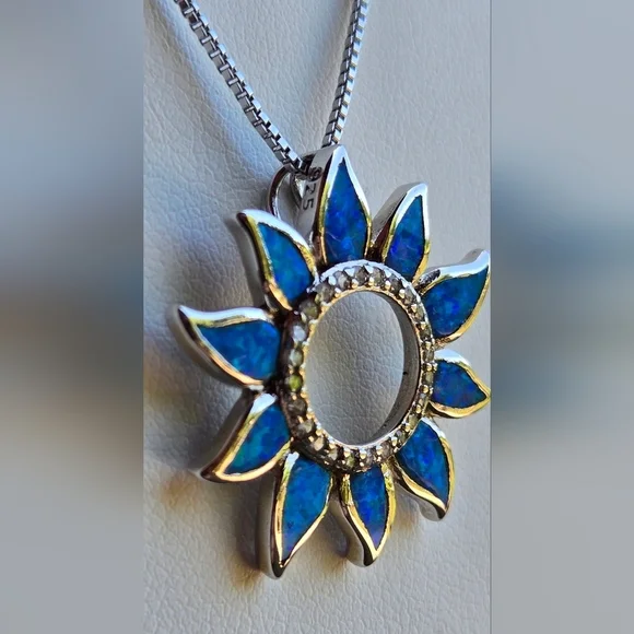 Sterling Silver 925 Necklace Silver 925 Blue Sunflower Opal  Pendant Necklace - Picture 14 of 17